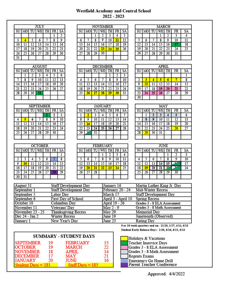 Westfield Academy And Central School Calendar 2022 2023 Westfield 
